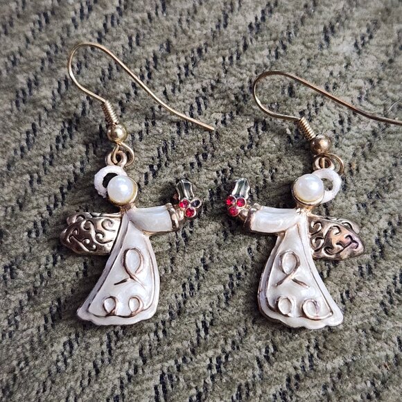Vintage Angel Dangle Loop Earrings White Enamel Pearl Red Rhinestone Spiritual - Picture 1 of 4